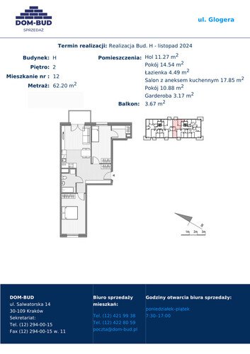 Plan Dom-Bud M. Szaflarski Spółka Jawna mieszkanie w inwestycji ul. Glogera  ul. Glogera, bud. H