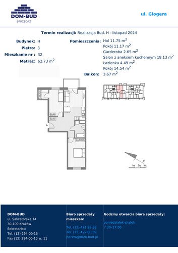 Plan Dom-Bud M. Szaflarski Spółka Jawna mieszkanie w inwestycji ul. Glogera  ul. Glogera, bud. H