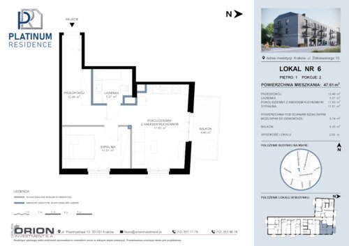 Plan Grupa Orion Investment S.A. mieszkanie w inwestycji ul. Żółkiewskiego 10 Platinum Residence